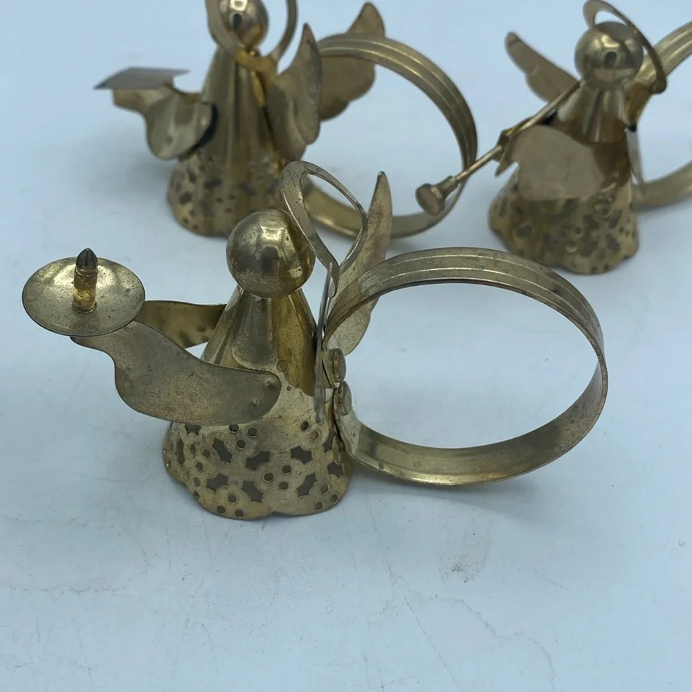VTG set of 4 brass metal Angel w/ musical instruments napkin rings holders